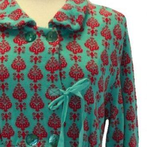 Turquoise and Red Printed Tie-Front Cardigan Sweater